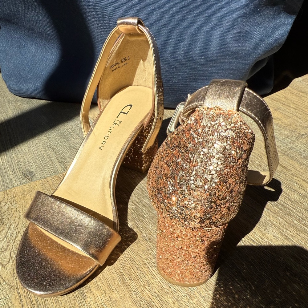 CL by Laundry Rose Gold Metallic Sandals with Block Heel